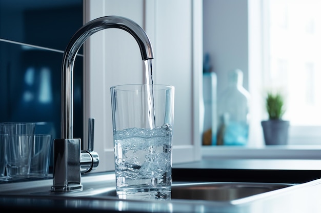 Clear water from kitchen tap in glass