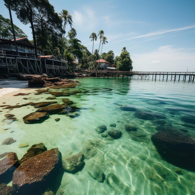 Clear water near wooden piers by the shore