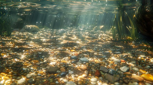 Photo clear waters of a shallow stream showcasing a sandy bottom speckled with small colorful stones sunli