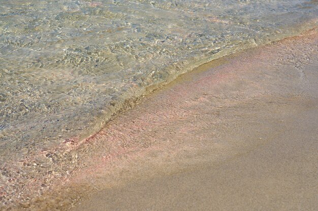 Clear waves and colorful sand on tropical sandy beach in Crete Greece.