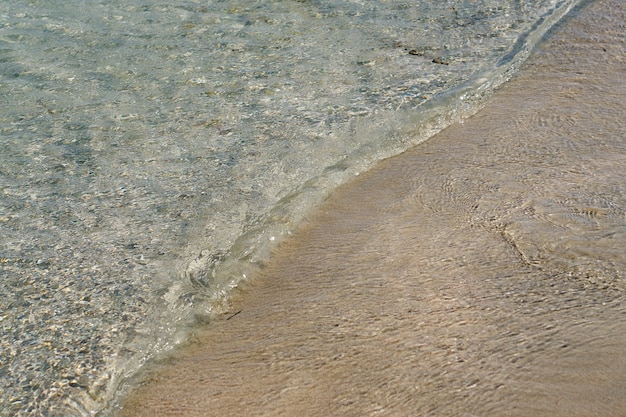 Clear waves and colorful sand on tropical sandy beach in Crete Greece.