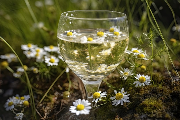 Clear wine glass filled with clear water and daisies floating on top Generative AI