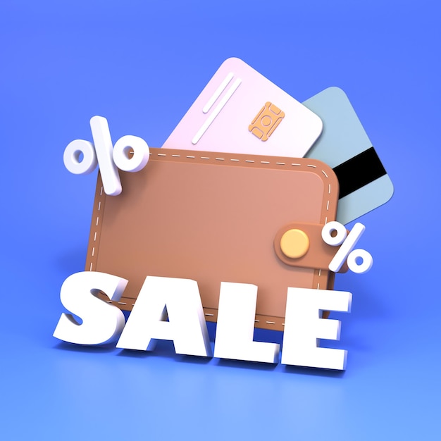 Clearance sale concept with credit card, wallet and money. 3D rendering