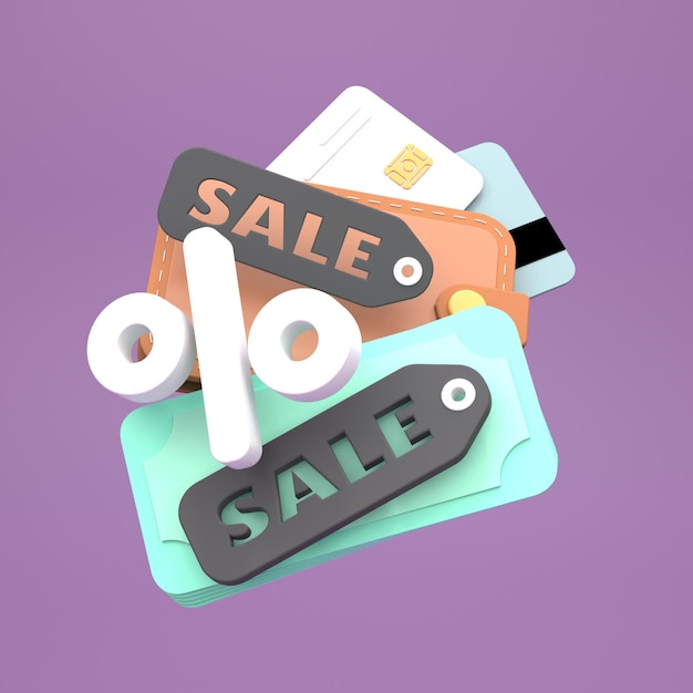 Clearance tag concept with a wad of money and a wallet. 3d render illustration.