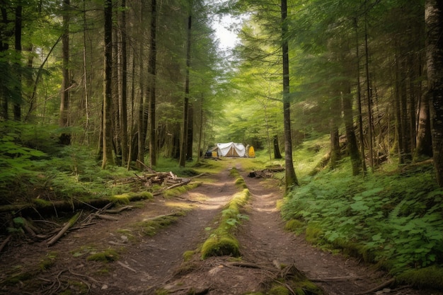 Cleared path through the forest leads to secluded campsite created with generative ai