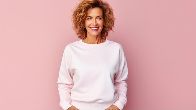 Photo clearfaced middleaged woman in colorful sweatshirt mockup