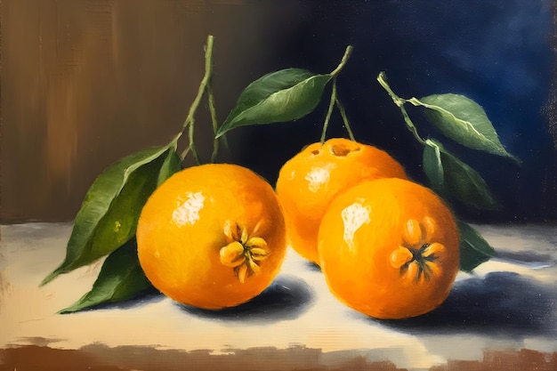 Clementine citrus Fruits on table traditional still life oil painting style illustration background