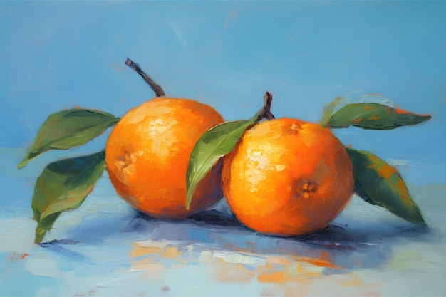 Clementines citrus fruit with leaves on a blue background oil painting style ai generative