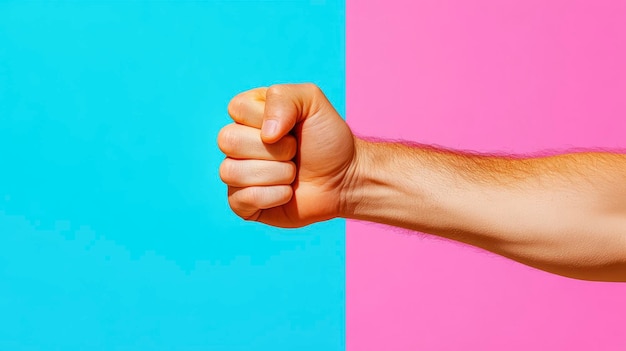 Photo clenched fist against a vibrant blue and pink background