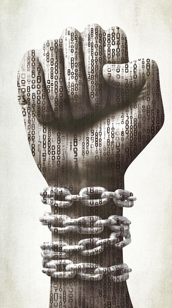 Clenched fist breaking free from shackles of digital driven oppression and censorship