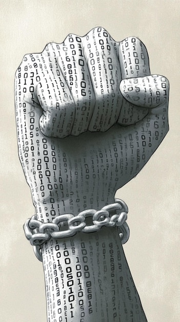 Clenched fist breaking free from shackles of digital driven oppression and censorship