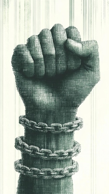 Photo clenched fist breaking free from shackles of digital driven oppression and censorship