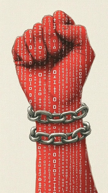 Clenched fist breaking free from shackles of digital driven oppression and censorship