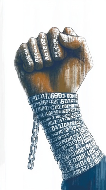 Clenched fist breaking free from shackles of digital driven oppression and censorship