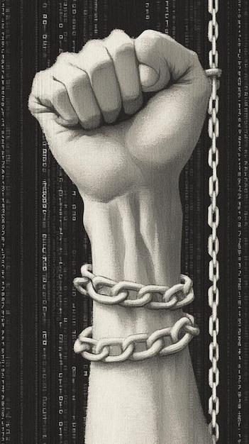 Clenched fist breaking free from shackles of digital driven oppression and censorship