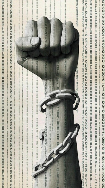 Clenched fist breaking free from shackles of digital driven oppression and censorship