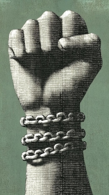 Clenched fist breaking free from shackles of digital driven oppression and censorship