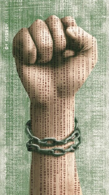 Clenched fist covered in binary code restrained by chains