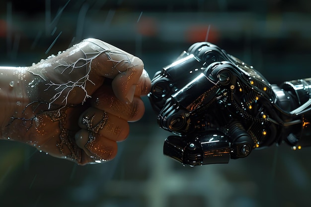 Photo clenched fist between a human hand and a robotic hand