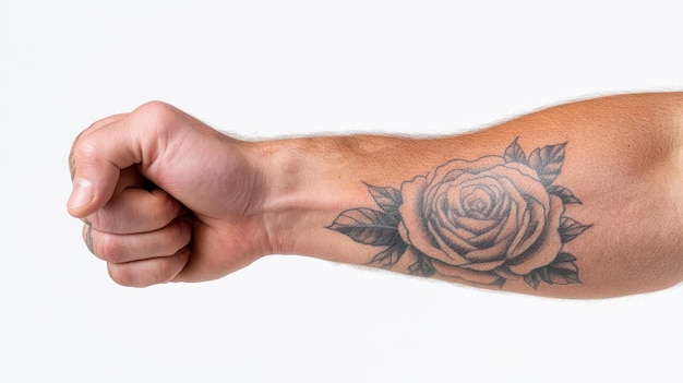 A clenched fist showcasing a detailed rose tattoo on a forearm against a clean white background