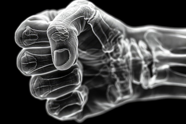 Photo clenched fist in an xray bones of the hand highlighted stark monochrome