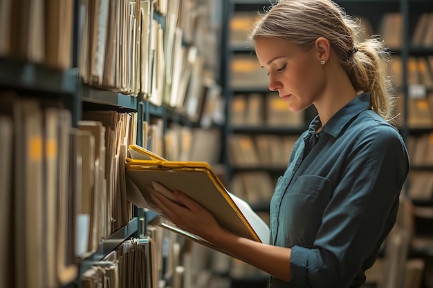 Photo clerk meticulously organizing case files in record room for efficient data management