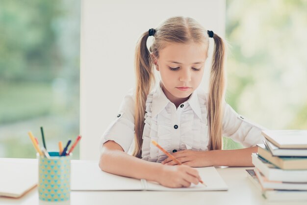 Clever girl going homework at the desk at home