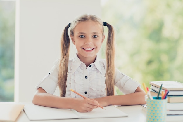 Clever girl going homework at the desk at home