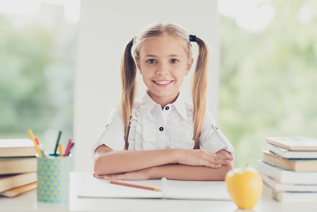 Clever girl going homework at the desk at home