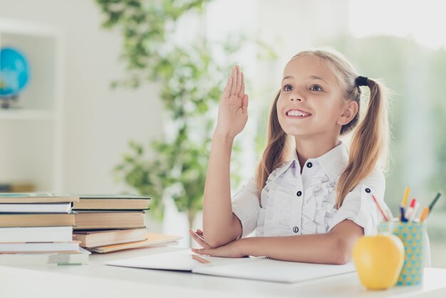 Clever girl going homework at the desk at home