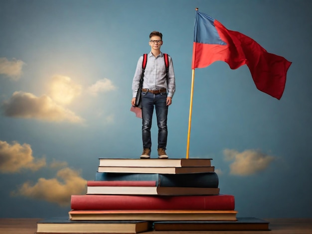 Clever man student standing on books stack with flag self learning personal improvement knowledge obtaining educational achievement