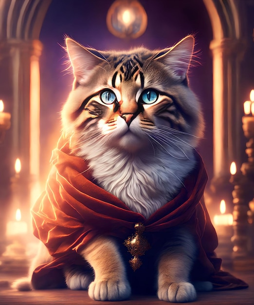 Clever smart cat dress as a wizard in castle generative art by AI