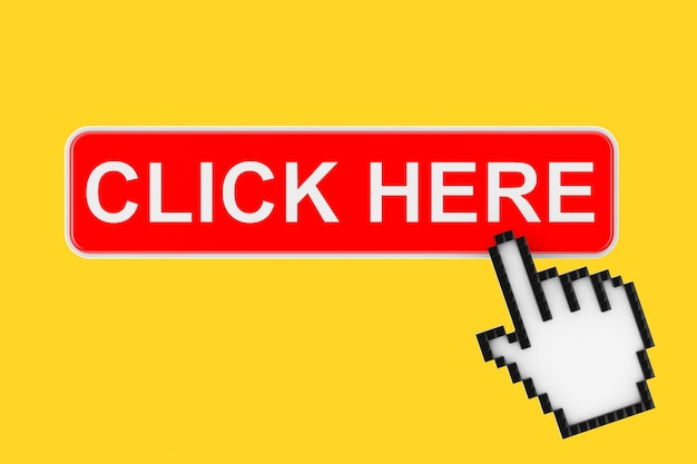 Photo click here button with pixel icon hand on a yellow background. 3d rendering