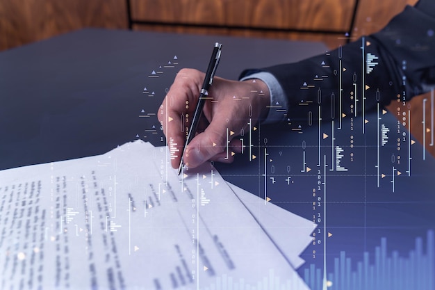 A client in formal wear is signing the contract to invest money in stock market Internet trading and wealth management concept Forex and financial hologram chart over the desk