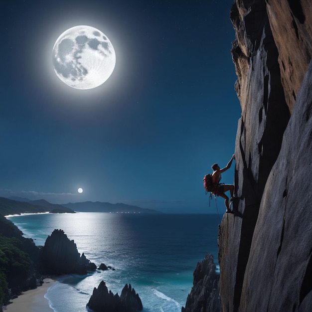 Cliff Climbing by Moonlight with sea background