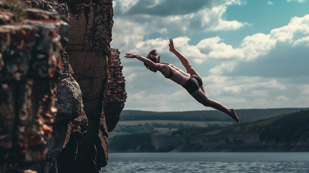 Photo cliff diving captured slow motion highlighting the divers technique and the surrounding environment