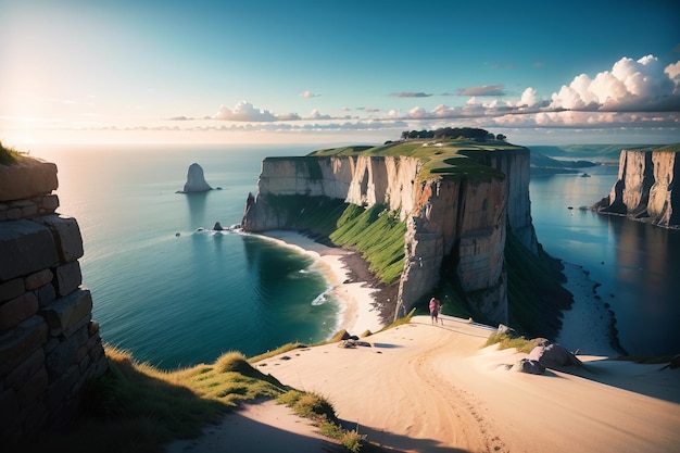 A cliff face in the distance with a beach in the background.