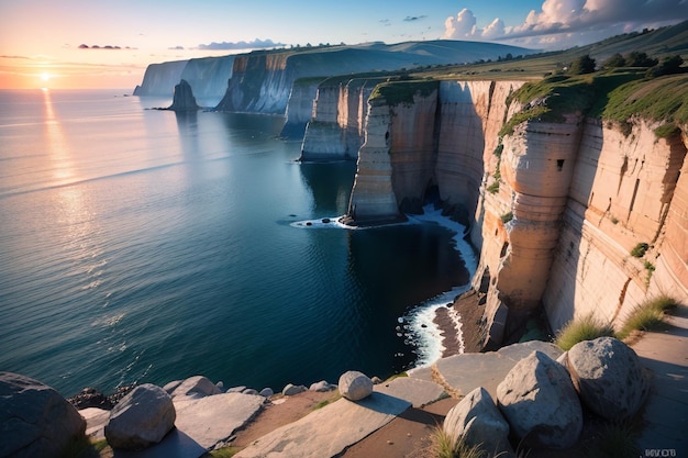 A cliff face in the distance with the sea in the background