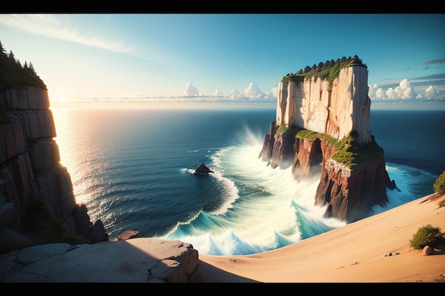 A cliff on the ocean with a lighthouse on the top.