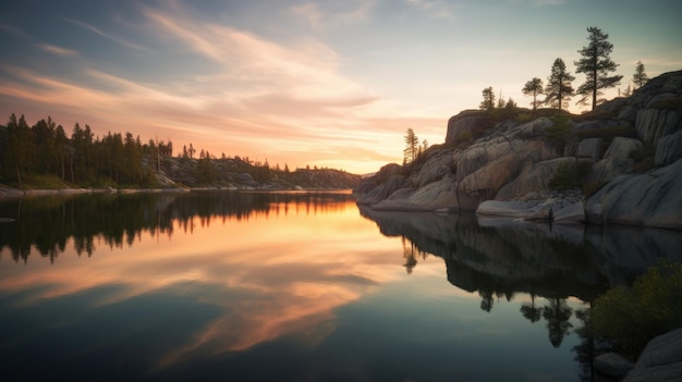 Cliff And Serene Lake At Sunset