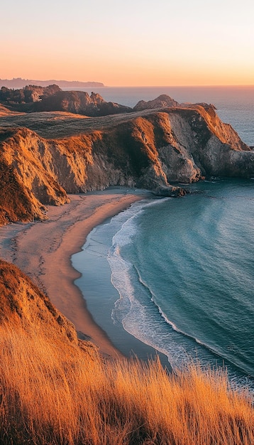 a cliff with a beach and a cliff with a sunset on the horizon