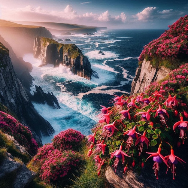 a cliff with flowers and the ocean in the background