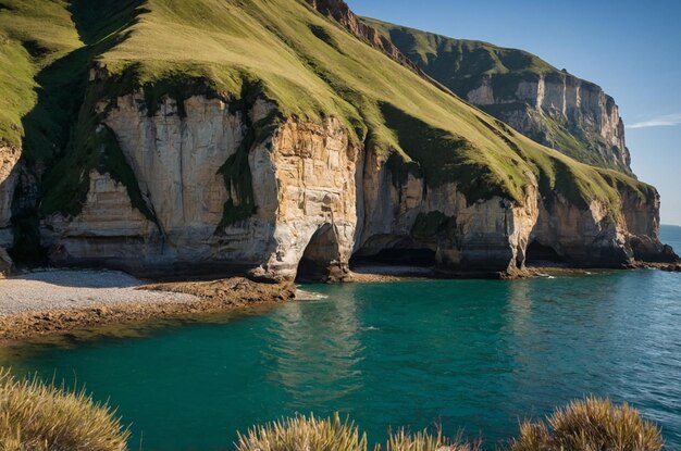 a cliff with a green cliff that has a bridge over it