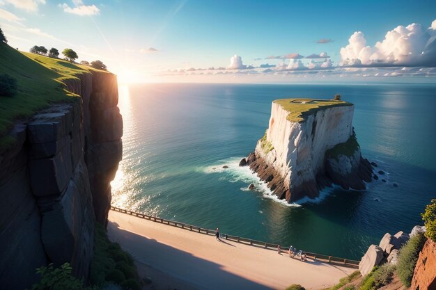 A cliff with a view of the ocean and a lighthouse on it.