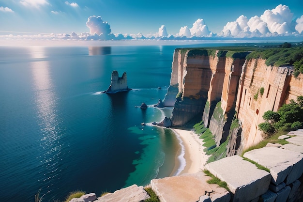 A cliff with a view of the sea and a cliff with a blue sky and clouds