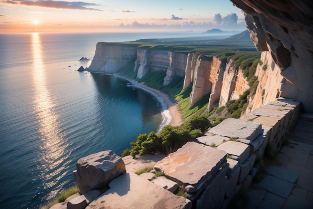 A cliff with a view of the sea and mountains in the background