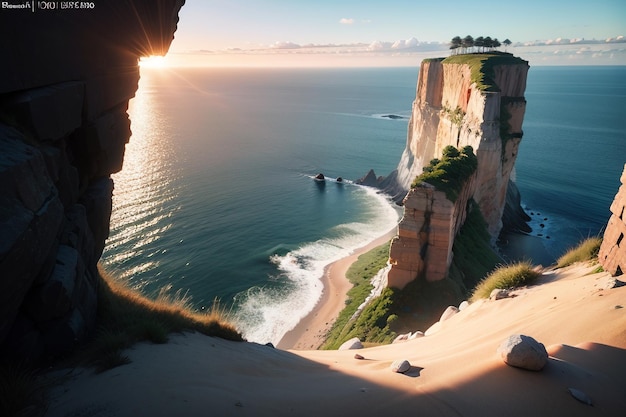 A cliff with a view of the sea and the sun setting