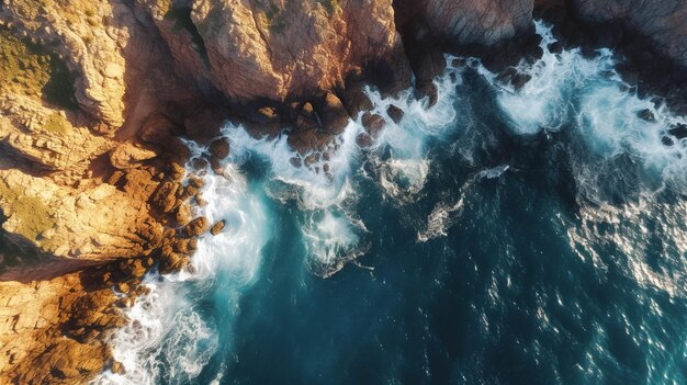 A cliff with waves in the style of birdseyeview turquoise and gold serene maritime themes