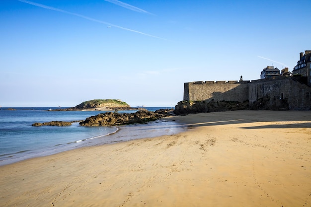 Cliffs, beach and sea view from Saint-Malo city fortifications, Brittany, France