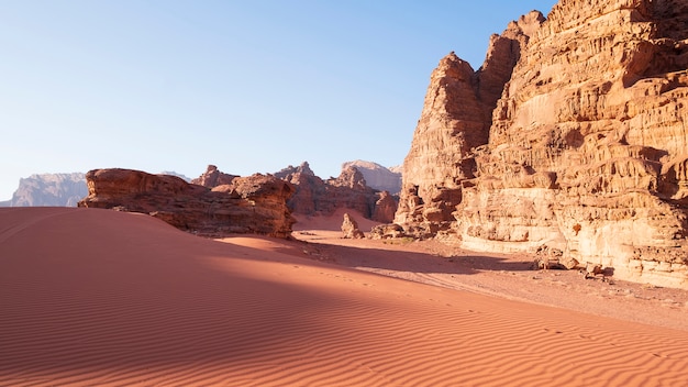 Cliffs and dunes in the Wadi Rum Desert Jordan